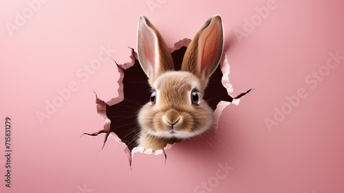  brown rabbit with fluffy ears peeking out of hole in pink wall; torn out hole 