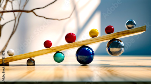 Row of colorful balls sitting on top of wooden balance beam on top of wooden floor. photo