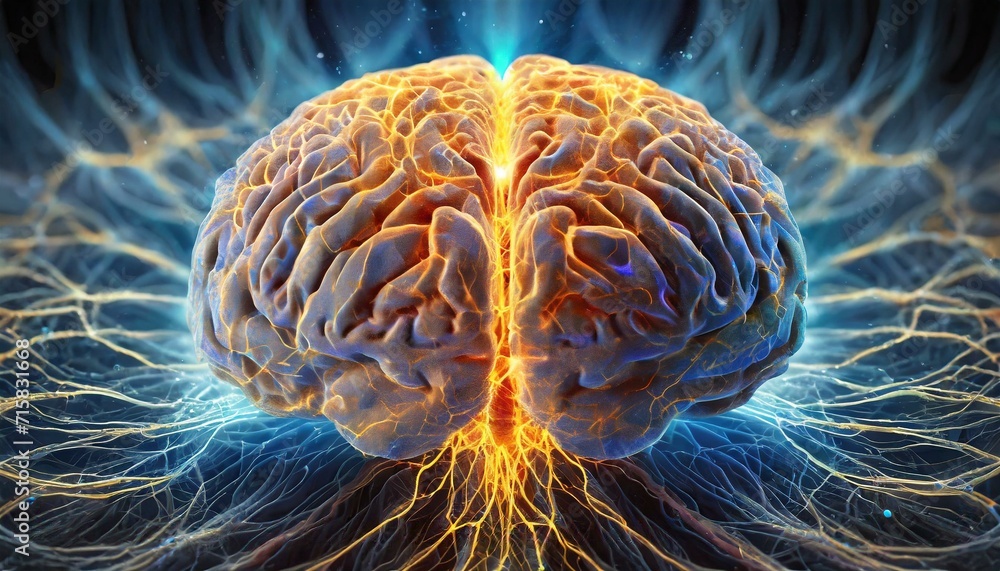 Artystyczny obraz aktywności ludzkiego mózgu, komunikacji neuronów. Fale mózgowe, impulsy elektryczne w mózgu - obrazy, fototapety, plakaty 