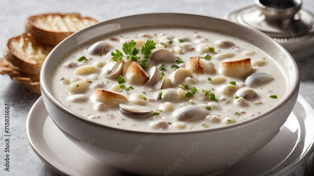 A bowl of Creamy clam chowder soup meal for dinner A bowl of Creamy clam chowder soup meal for dinner