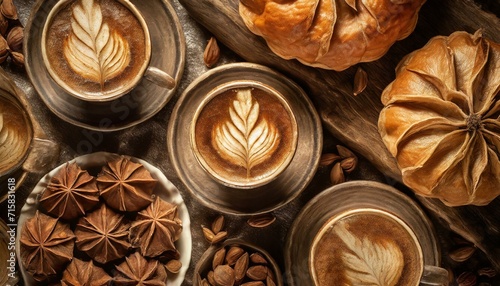 Filiżanki z kawą cappuccino otoczone przyprawami photo