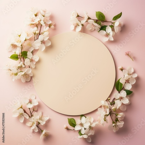 spring composition. A circle of buds and white blossoming apple flowers on a beige light pastel background. Flat lay  top view  copy space