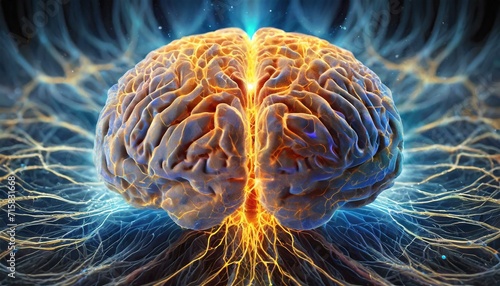Artystyczny obraz aktywności ludzkiego mózgu, komunikacji neuronów. Fale mózgowe, impulsy elektryczne w mózgu photo