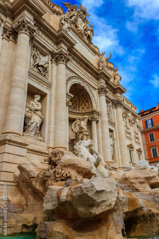 Trevi fountain in the center in Rome, Italy. Trevi is most famous fountain of Rome