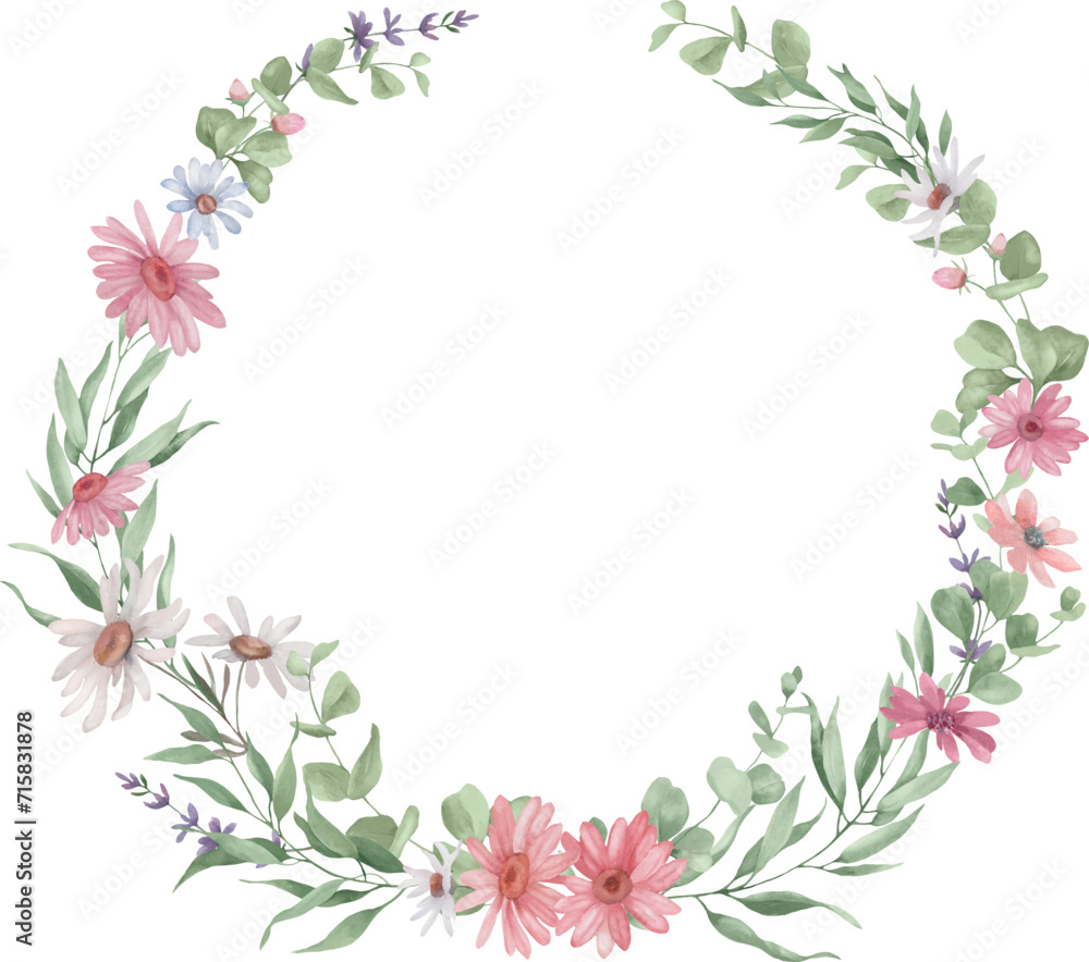 Watercolor floral wreath. Hand drawn illustration isolated on transparent background. Vector EPS.