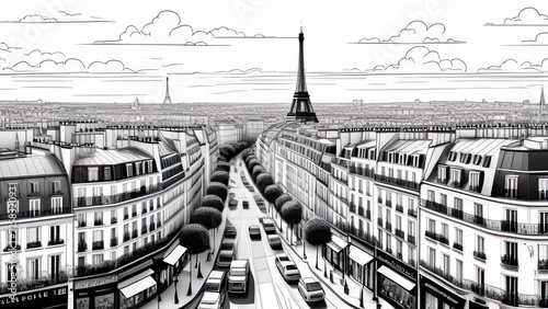 Sketch Art Architecture Draw Illustration. Paris, view of old houses and the Eiffel tower. Isolated on white background. Line art design for adult or kids coloring page. Postcards, cards.