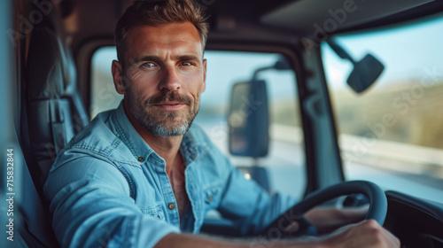 Confident man with a beard smiling at the camera while sitting in the driver's seat of a vehicle, with his hands on the steering wheel. © MP Studio