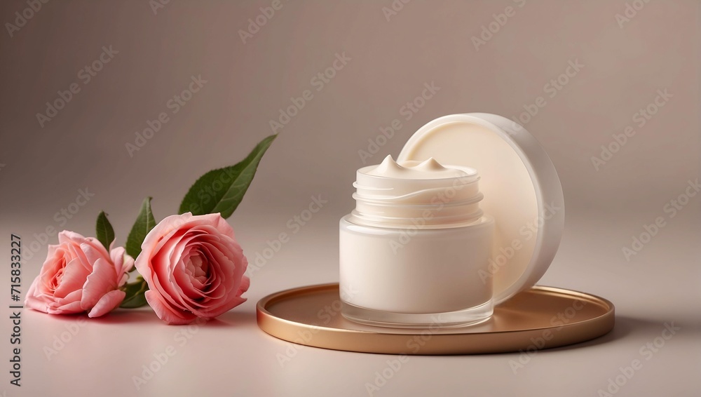 Cosmetic cream and flowers . Luxurious product display ideas