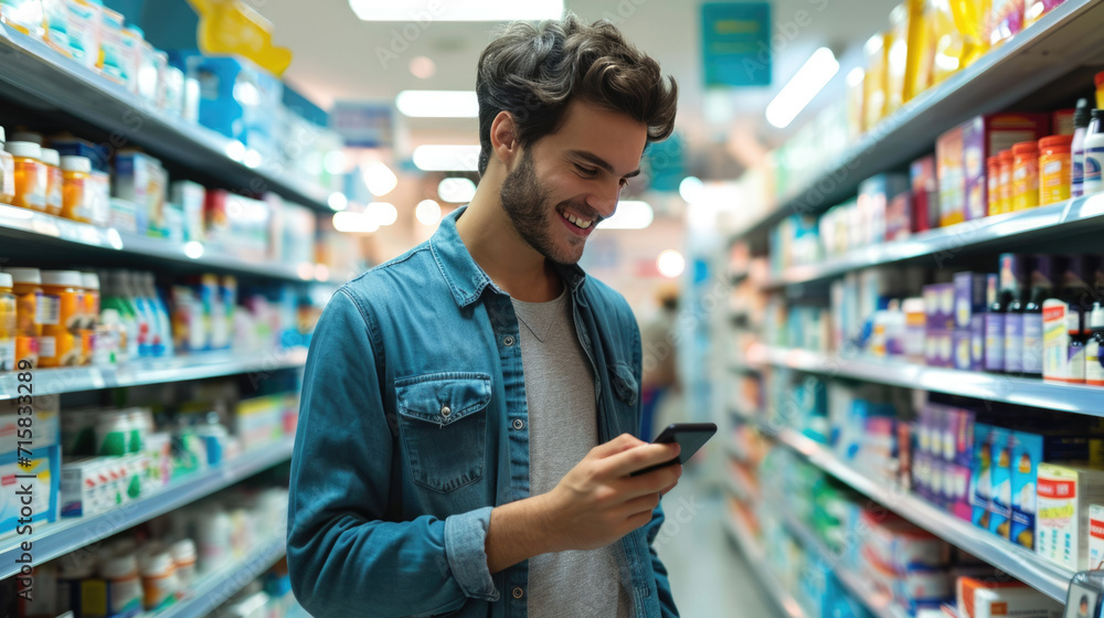 Young man holding a smartphone, standing in a pharmacy aisle - obrazy, fototapety, plakaty 