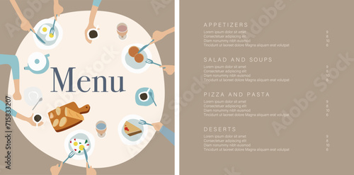 Vector food menu template with cute illustration and place for text. The cover of the menu shows a family having breakfast. Menu for a family restaurant, a cozy cafe for pleasant meetings with friends