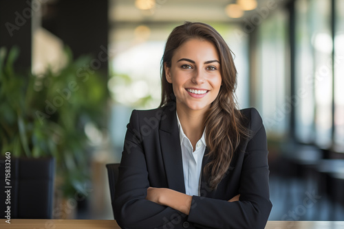 Portrait of young attractive businesswoman, Smiling elegant confident young professional business woman, female proud leader, smart businesswoman lawyer or company manager executive sitting in office