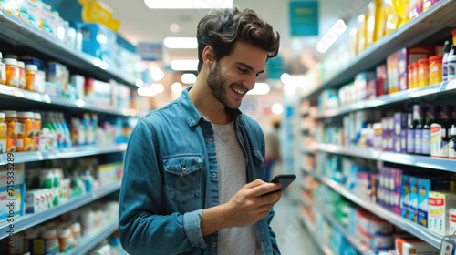 Young man holding a smartphone, standing in a pharmacy aisle photo