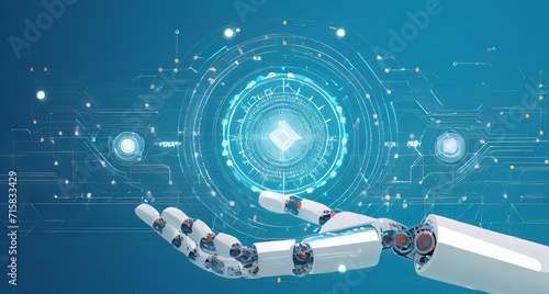 A futuristic and technological scene featuring a robotic hand with a floating digital sphere AI Generated