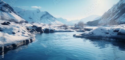 Mesmerizing hidden hot spring nestled in a remote valley surrounded by snow-capped peaks.