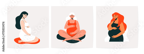 Cartoon pregnant women. Female characters with child belly, happy motherhood and maternity concept, expecting moms flat style. Vector isolated set