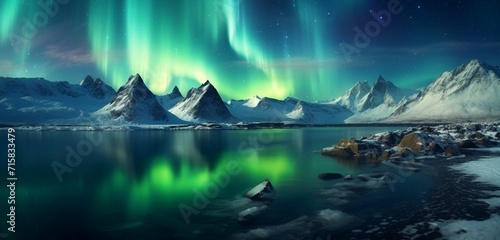 Mesmerizing icy fjord surrounded by snow-capped peaks under the glow of the aurora.