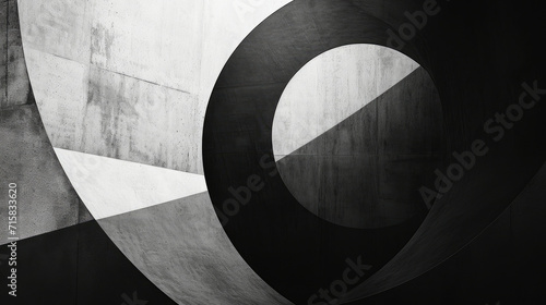 Geometric monochrome abstract of circular shapes and angular lines.