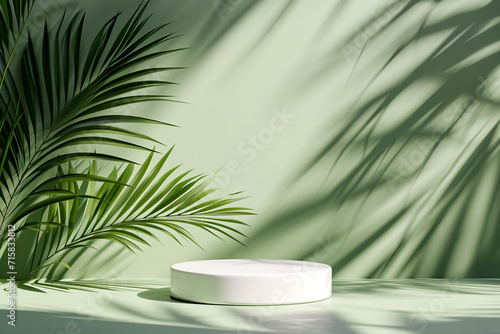 Light green background for product presentation with shadow of tropical palm leaves and light. Podium, stage pedestal platform for cosmetic products. Empty round podium. Layout. banner. Mockup