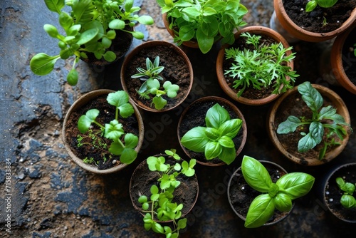 herbs in pots in the home garden