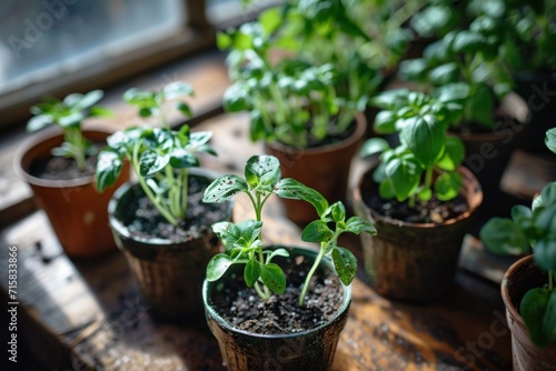 indoor herb garden, selective focus, light green and brown, rural life depictions, organized chaos