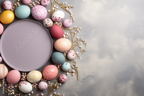 Easter greeting card with frame of painted eggs