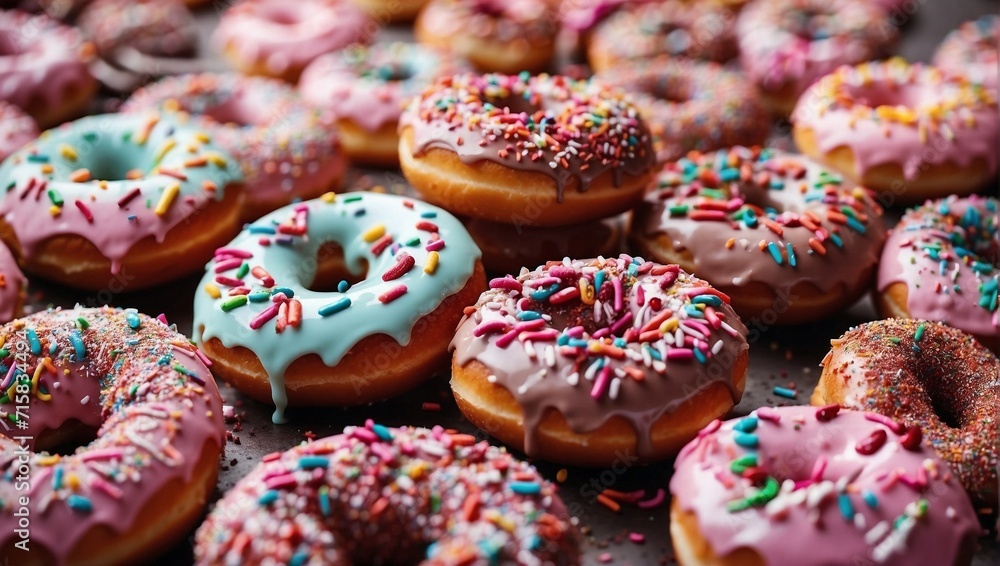 Delicious donuts. Unhealthy diet and junk food concept. Bad nutrition idea. Copy space.
