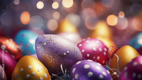  A bunch of colorful easter eggs on a bokeh background 