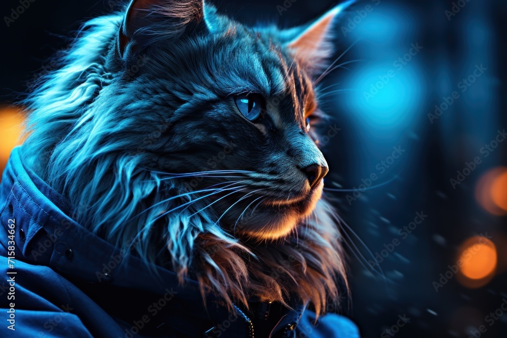 gorgeous cat with blue eyes looks at the night sky