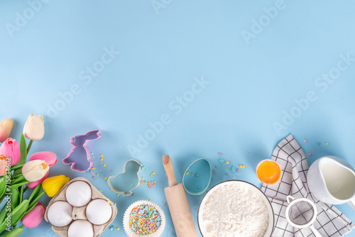 Photography Easter baking background, ingredient for making Easter cookies, cakes, dessert w