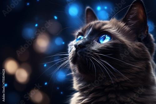 gorgeous Siamese cat with blue eyes looks at the night sky