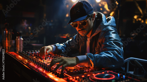 Dj mixing nightlife nightclub epic party colorful electronic house man photo