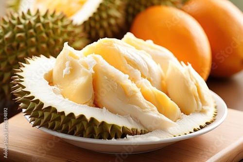 ripe durian pulp against the background of the open fruit
