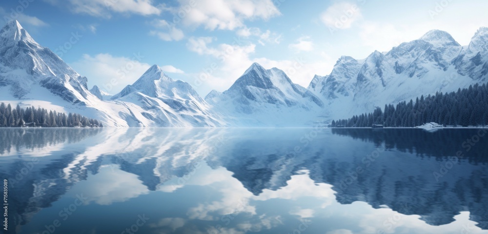 Mesmerizing mirrored reflection of snow-capped peaks on a pristine alpine lake.