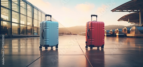 Suitcases in an airport scene serve as a visual cue for the broader concept of travel. photo