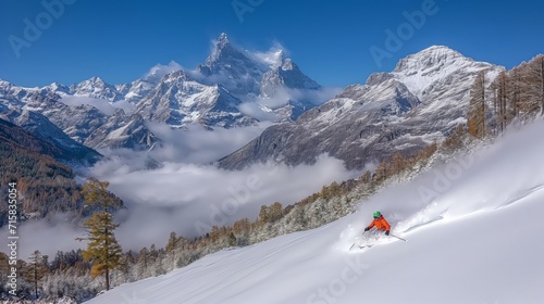 ski trip to the alps. skiing down a mountain. wandering up in the mountains created by ai