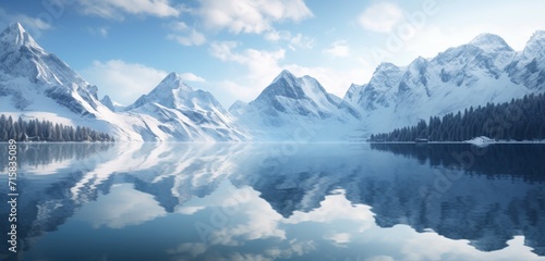 Mesmerizing mirrored reflection of snow-capped peaks on a pristine alpine lake.