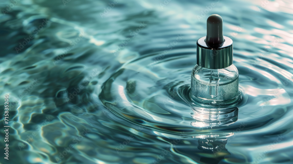 Dropper bottle immersed in water with ripples around it, reflecting light. Dropper bottle immersed in water with ripples around it, reflecting light.