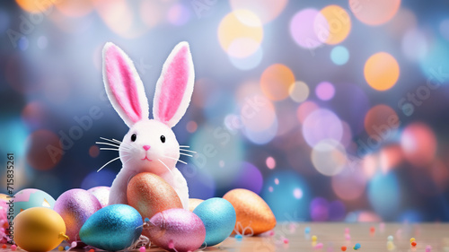 One pastel colored easter eggs and bunny ears on a bokeh background 