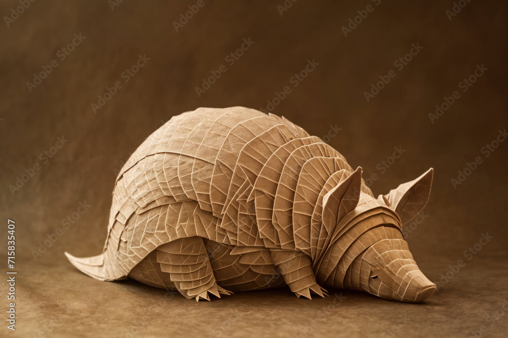 A crafted paper sculpture of an armadillo, showcasing the detailed and textured layers of paper art on a monochrome background A crafted paper sculpture of an armadillo, showcasing the detailed and textured layers of paper art on a monochrome background