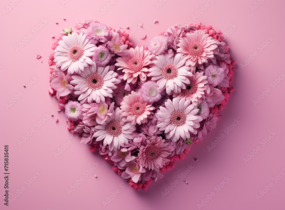 A heart shape of flowers on a pink background