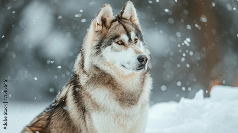 Husky Dog Sitting in Snow