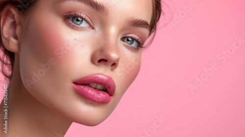 Woman With Blue Eyes on Pink Background
