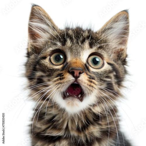 scared and shocked spotted kitten with wide open eyes and mouth