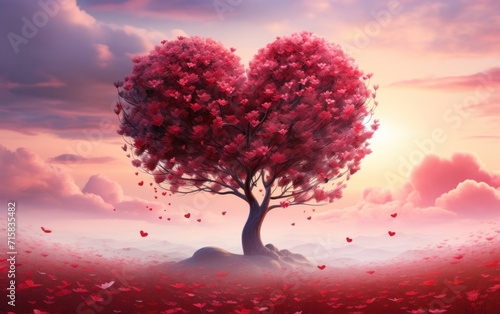 A heart shape tree stands in a field of red flowers , abstract landscape background illustration
