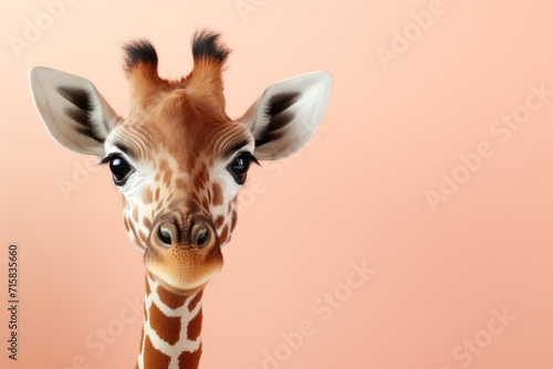 Portrait of a cute baby giraffe on a peach background as a basis for an advertisement