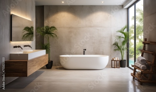 A spacious bathroom with microcement walls, a luxurious bathtub, and subtle greenery for a touch of freshness. The wood trim and window contribute to the clean and sophisticated atmosphere