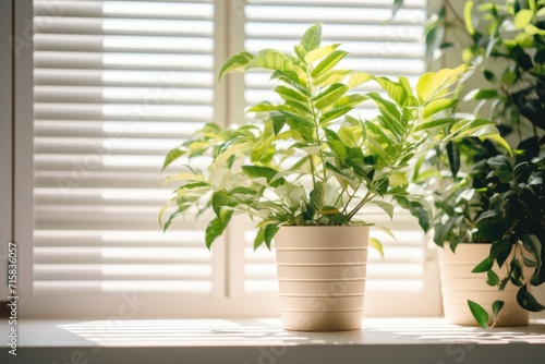 plants on the windowsill illuminated by sunlight through the blinds, cozy atmosphere, hobby, gardening