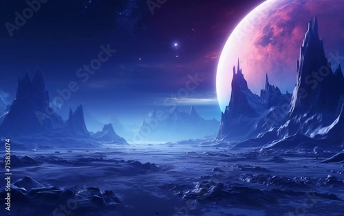 Futuristic fantasy landscape  science fiction landscape with planets  beautiful neon lights