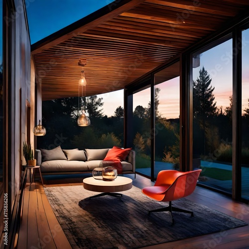 Modern outdoor living with an Eames chair, reflecting the colors of a vibrant evening sky