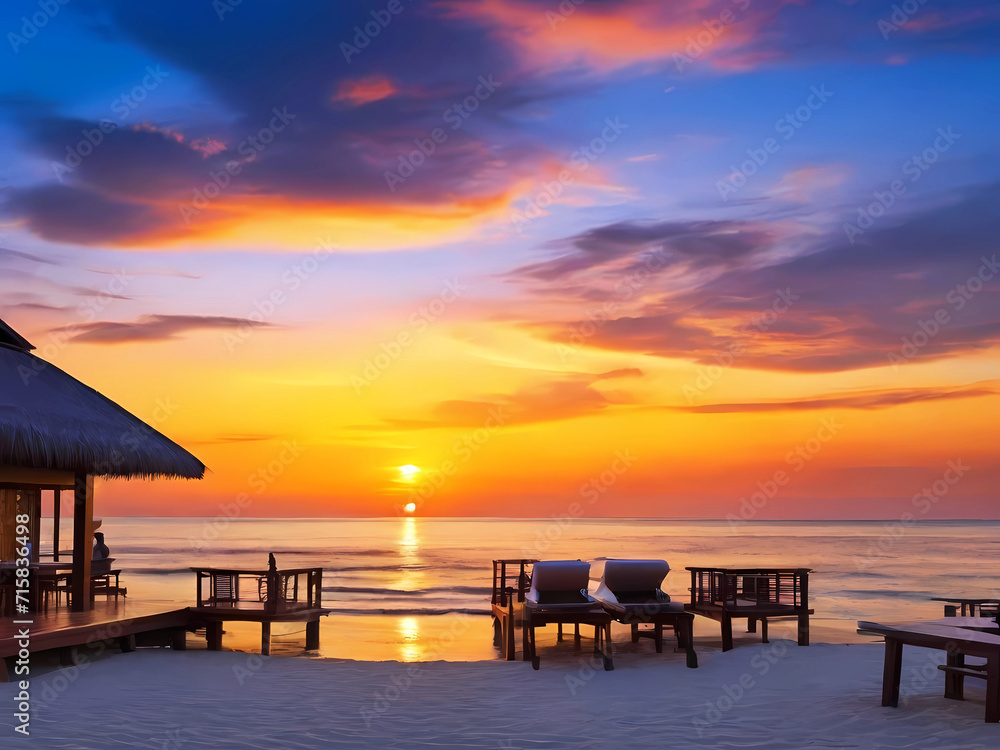 Ocean coast in Thailand at sunset with beach bar elements and daybeds